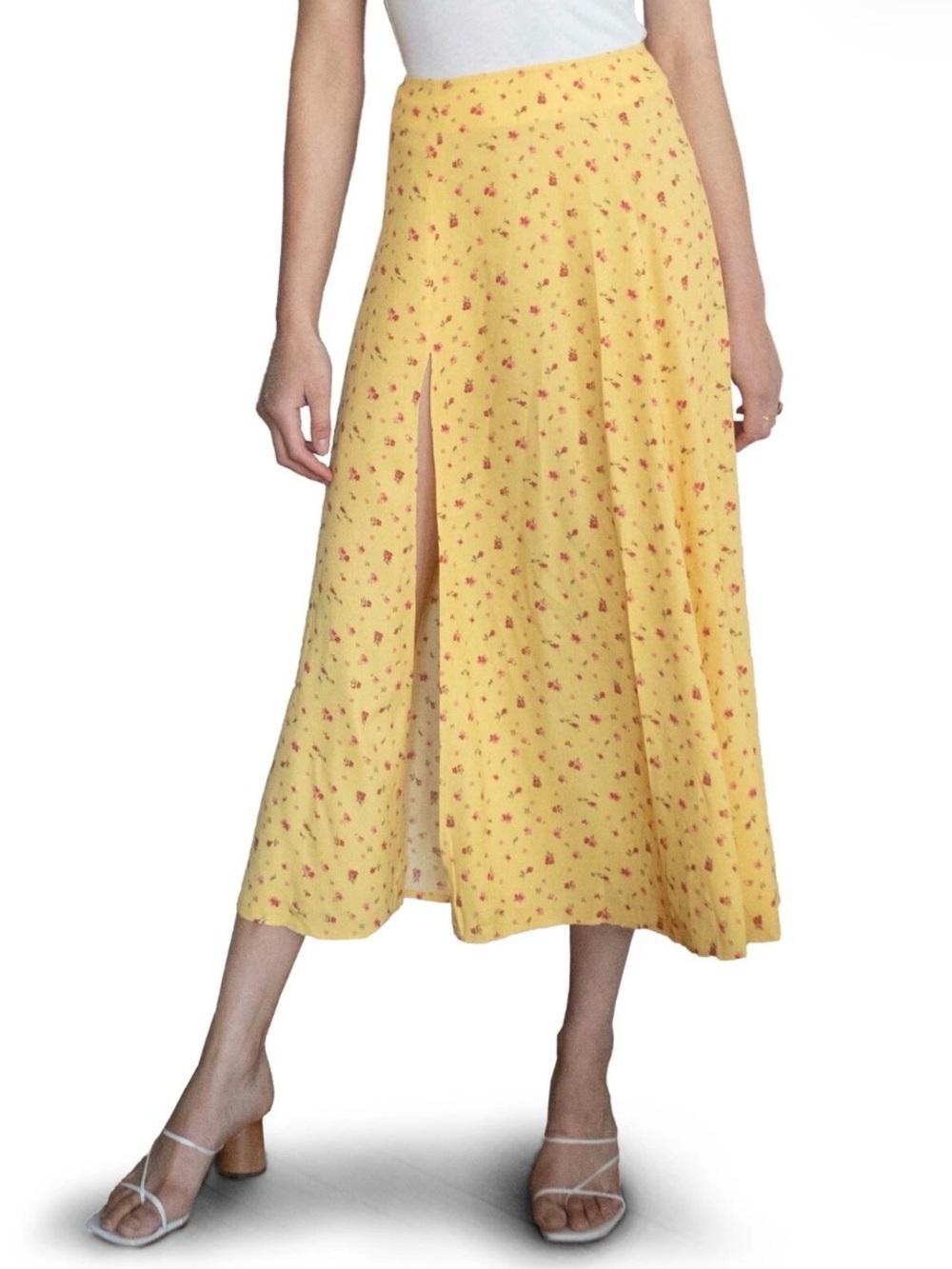 Reformation Zoe Yellow Gwen Floral Print Midi Skirt with Front High Slit Size 4